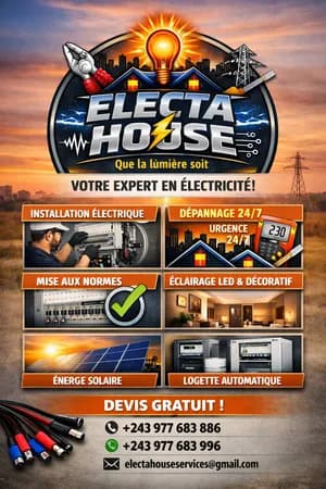 ÉLECTA HOUSE – Que la lumière soit ⚡ Vous cherchez un électricien fiable et professionnel à Kinshasa ? Nous vous offrons des services sur mesure : 🔌 Installation électrique 💡 Éclairage LED &a